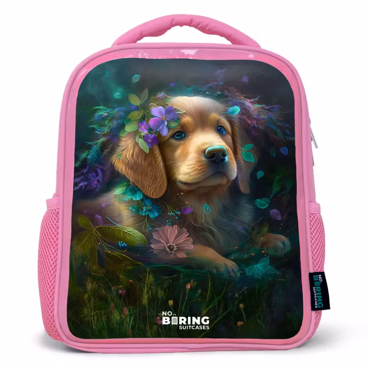 Rucksack Kind - Rosa - Brauner Hund zwischen Blumen — 1