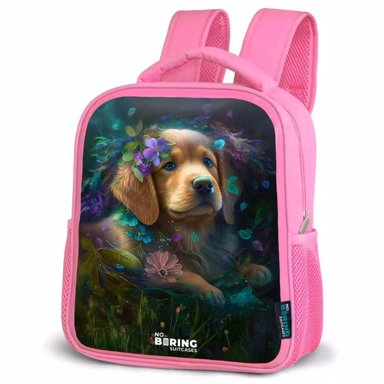 Rucksack Kind - Rosa - Brauner Hund zwischen Blumen — 4