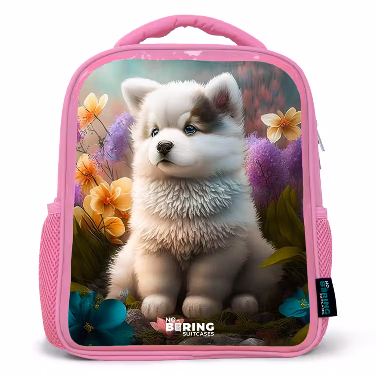 Rucksack Kind - Rosa - Weißes Hündchen auf einer Blumenwiese — 1