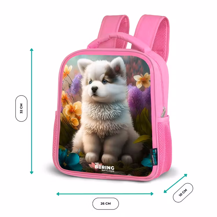 Rucksack Kind - Rosa - Weißes Hündchen auf einer Blumenwiese — 2