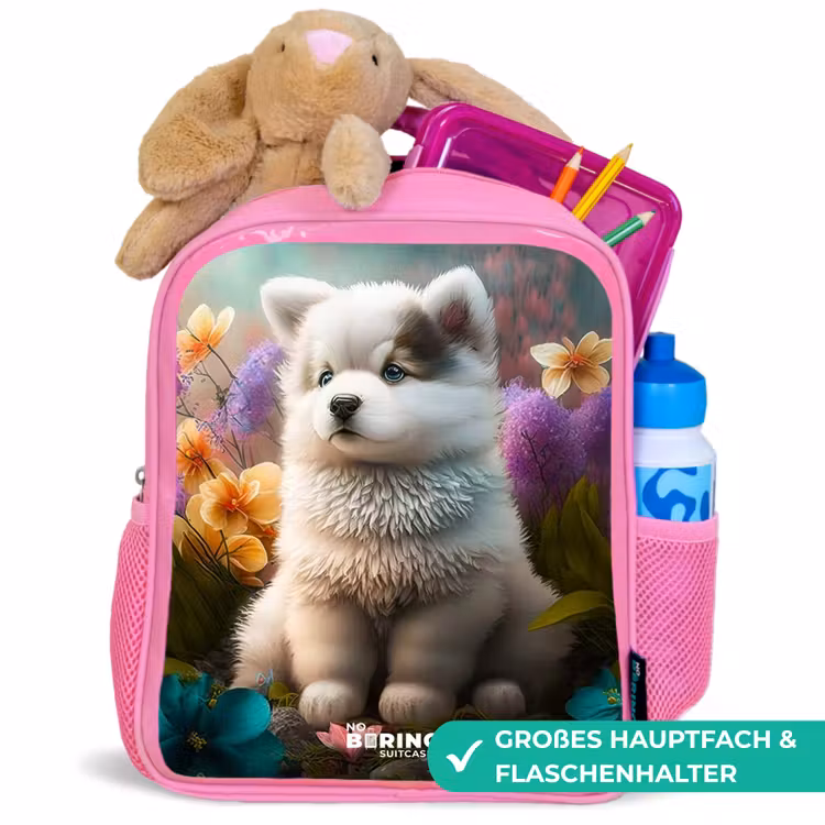 Rucksack Kind - Rosa - Weißes Hündchen auf einer Blumenwiese — 3