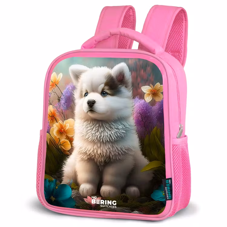 Rucksack Kind - Rosa - Weißes Hündchen auf einer Blumenwiese — 4
