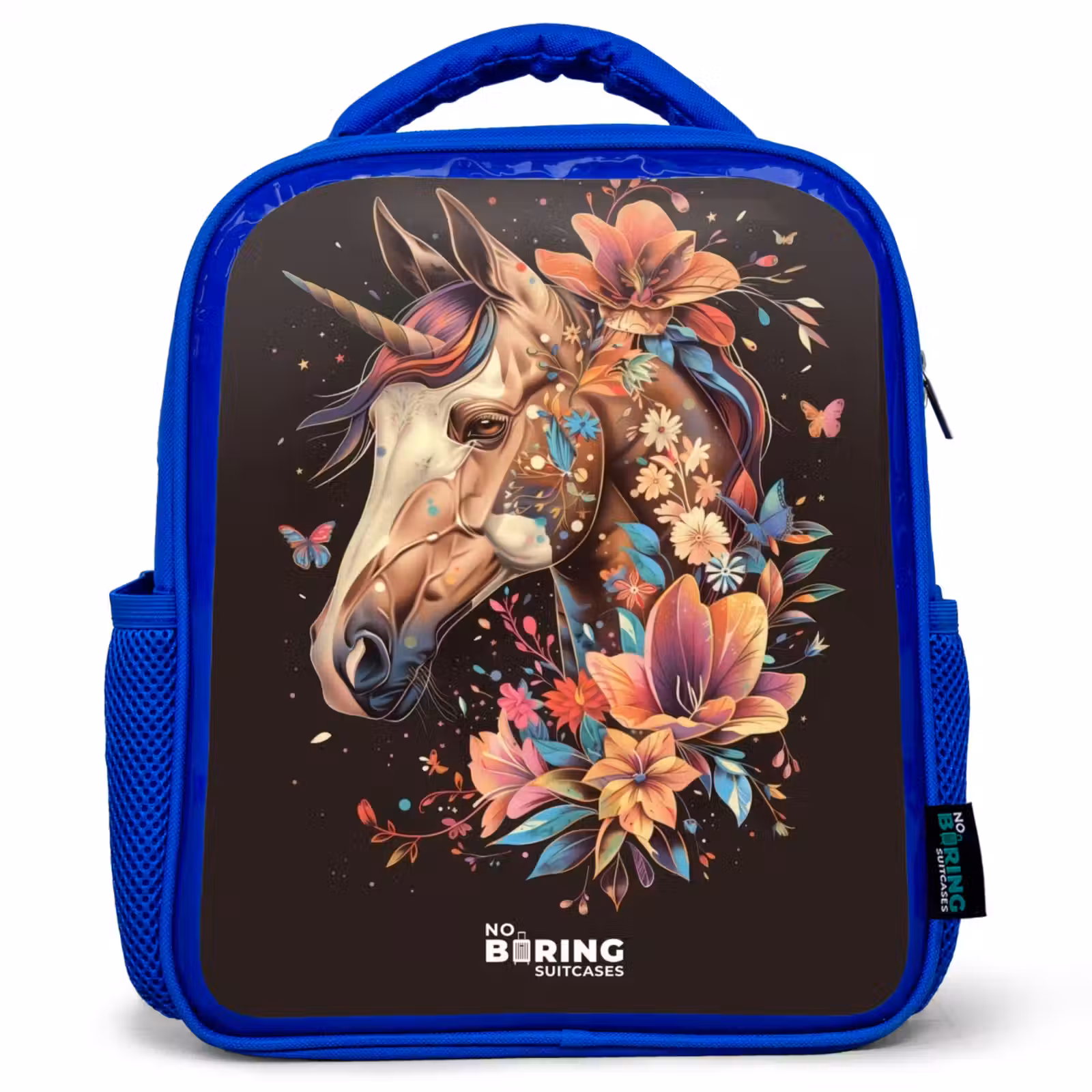 Kinderrucksack - Blau - Einhorn und Blumen auf schwarzem Hintergrund — 1