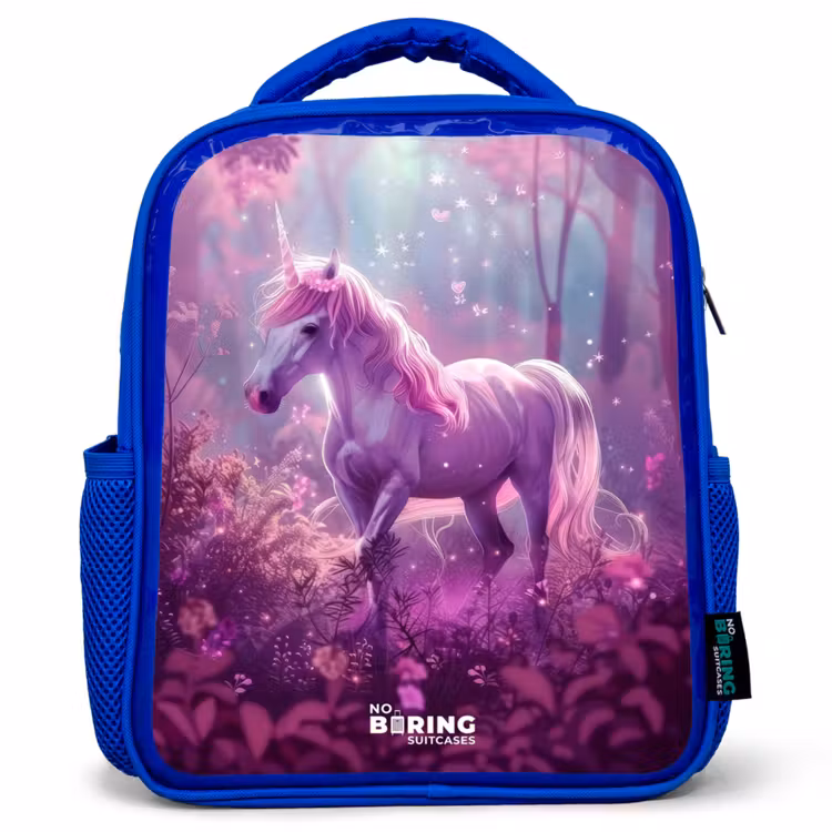 Kinderrucksack - Blau - Einhorn, umgeben von lila Natur — 1