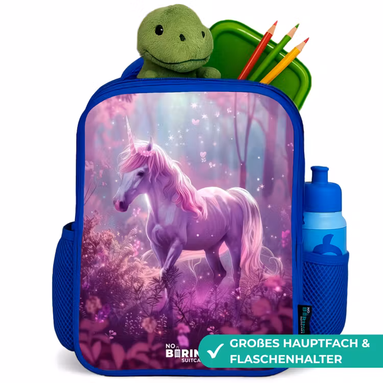 Kinderrucksack - Blau - Einhorn, umgeben von lila Natur — 3