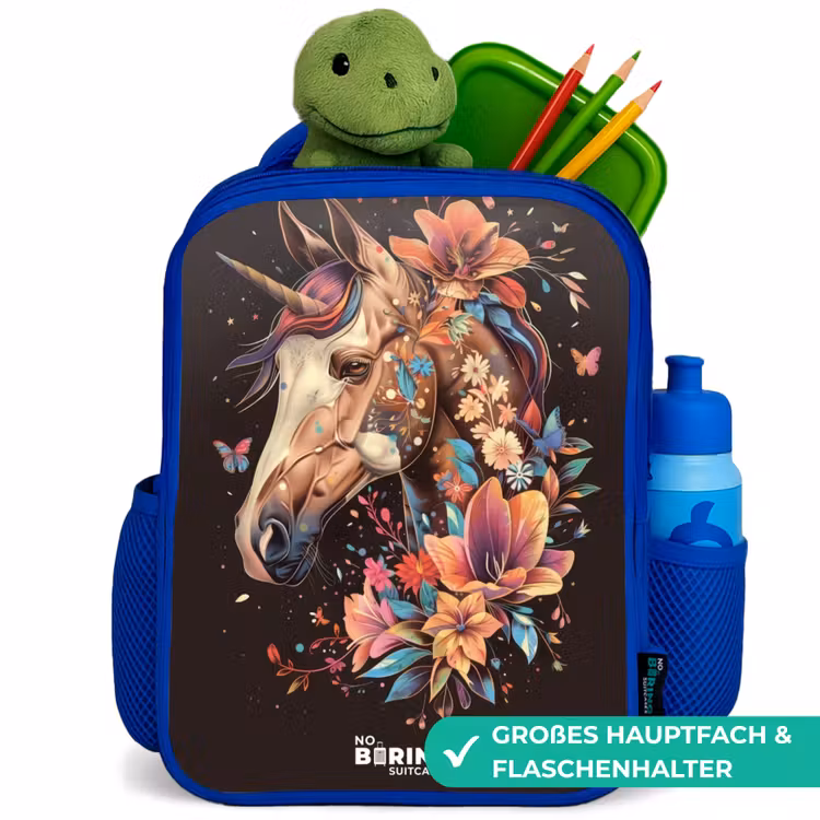 Kinderrucksack - Blau - Einhorn und Blumen auf schwarzem Hintergrund — 3