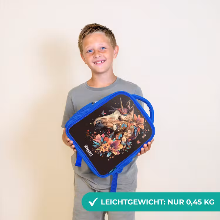 Kinderrucksack - Blau - Einhorn und Blumen auf schwarzem Hintergrund — 4