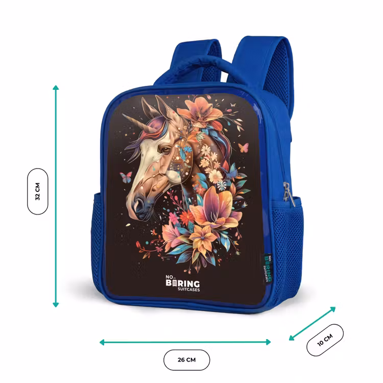 Kinderrucksack - Blau - Einhorn und Blumen auf schwarzem Hintergrund — 6