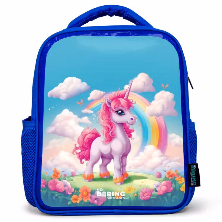 Kinderrucksack - Blau - Fröhliches Einhorn auf einem Regenbogen — 1
