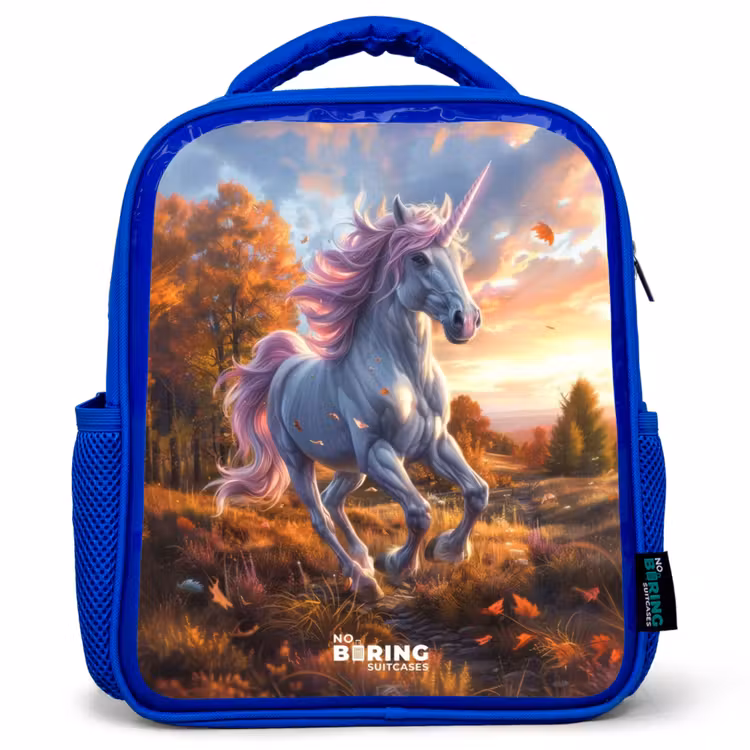 Kinderrucksack - Blau - Galoppierendes Einhorn in der Herbstwelt — 1