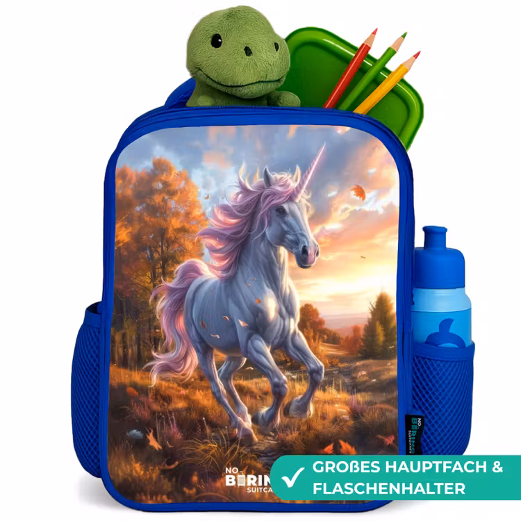 Kinderrucksack - Blau - Galoppierendes Einhorn in der Herbstwelt — 3