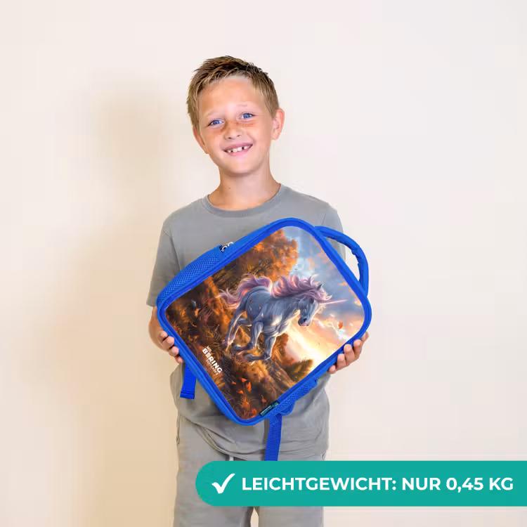 Kinderrucksack - Blau - Galoppierendes Einhorn in der Herbstwelt — 4