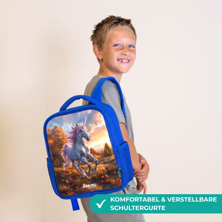 Kinderrucksack - Blau - Galoppierendes Einhorn in der Herbstwelt — 5