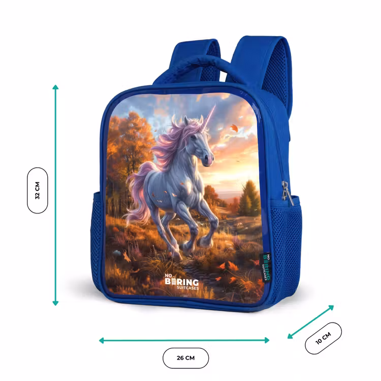 Kinderrucksack - Blau - Galoppierendes Einhorn in der Herbstwelt — 6