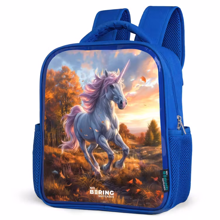 Kinderrucksack - Blau - Galoppierendes Einhorn in der Herbstwelt — 7