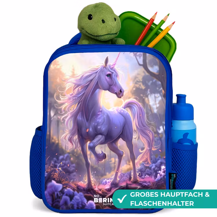 Kinderrucksack - Blau - Porträt eines Einhorns zwischen lila Blumen — 3
