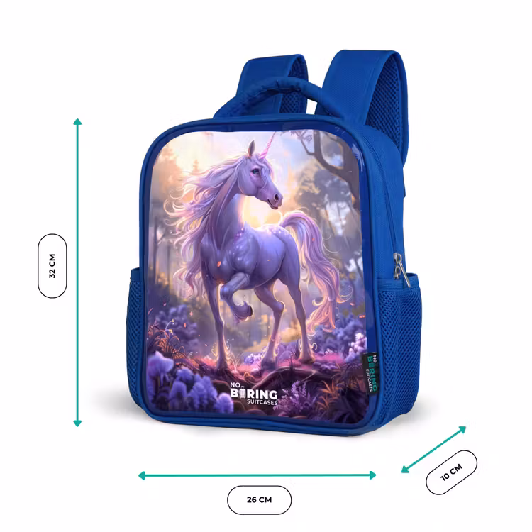 Kinderrucksack - Blau - Porträt eines Einhorns zwischen lila Blumen — 6