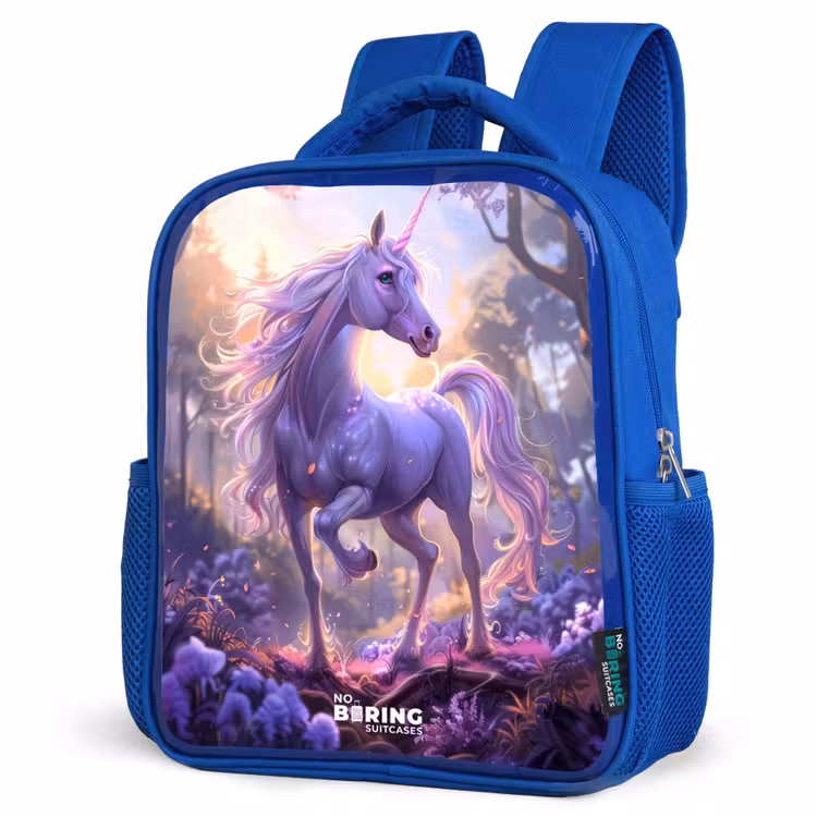 Kinderrucksack - Blau - Porträt eines Einhorns zwischen lila Blumen — 7
