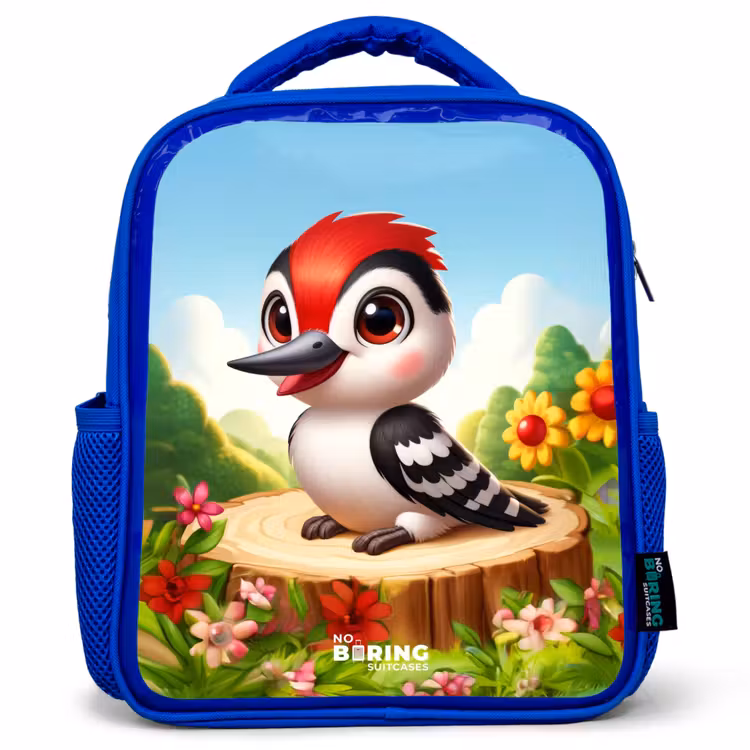 Kinderrucksack - Blau - Specht auf einem Baumstumpf — 1