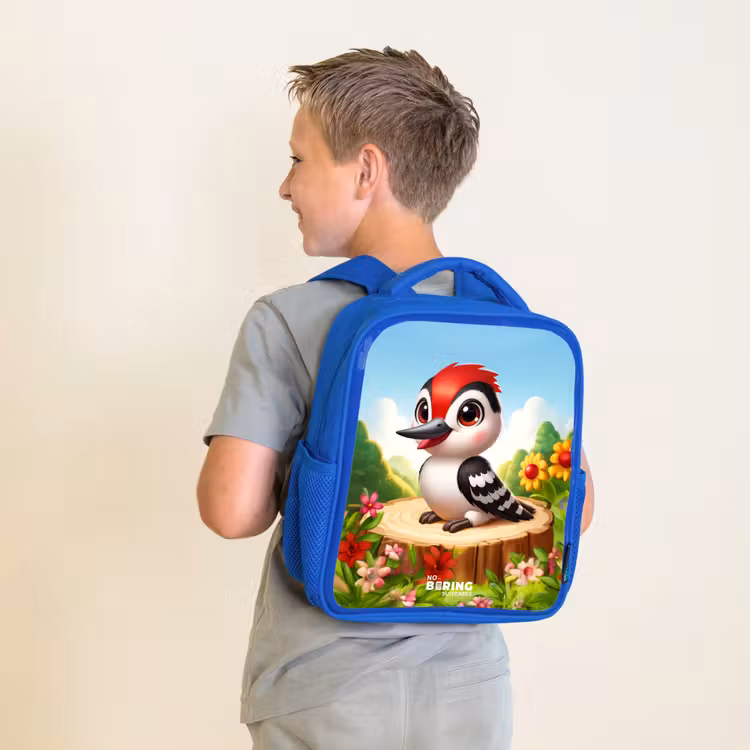 Kinderrucksack - Blau - Specht auf einem Baumstumpf — 2