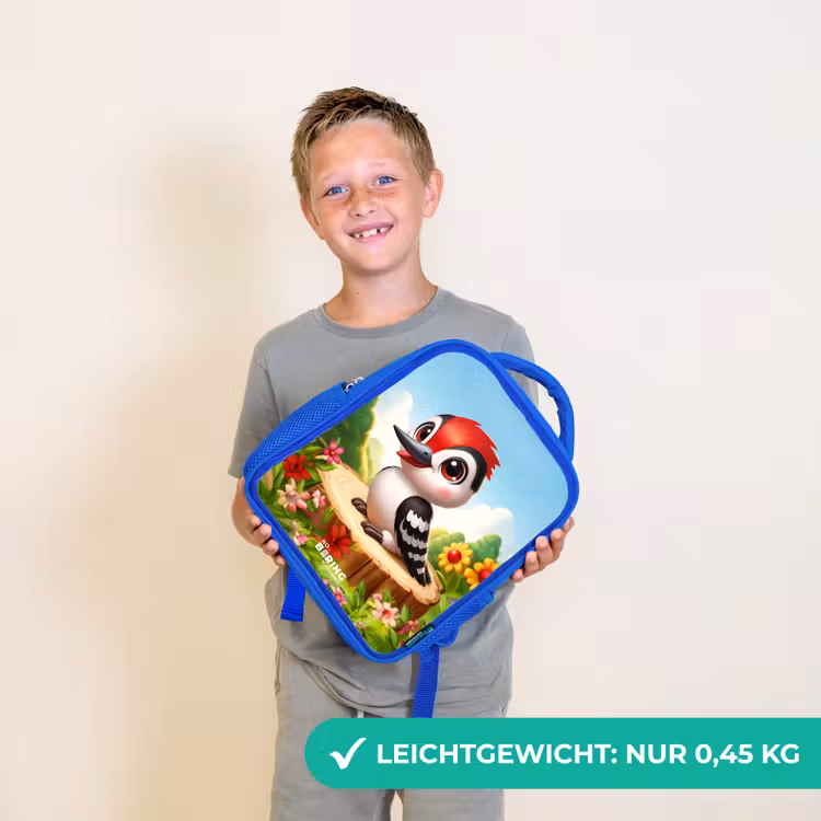 Kinderrucksack - Blau - Specht auf einem Baumstumpf — 4