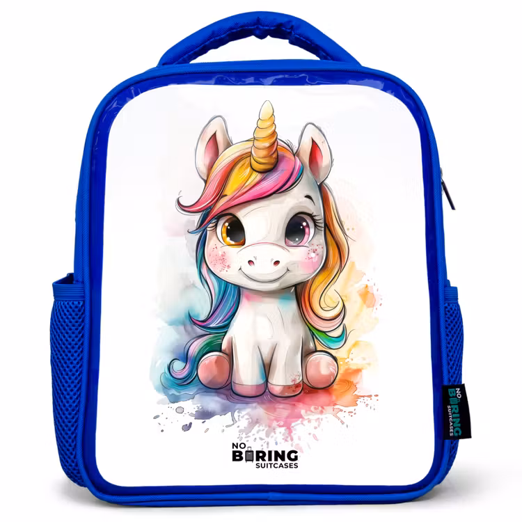 Kinderrucksack - Blau - Weißes Eemhorn mit bunter Mähne und Farbklecksen — 1