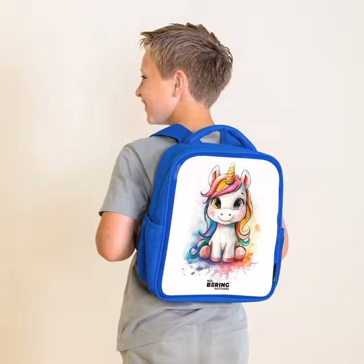 Kinderrucksack - Blau - Weißes Eemhorn mit bunter Mähne und Farbklecksen — 2