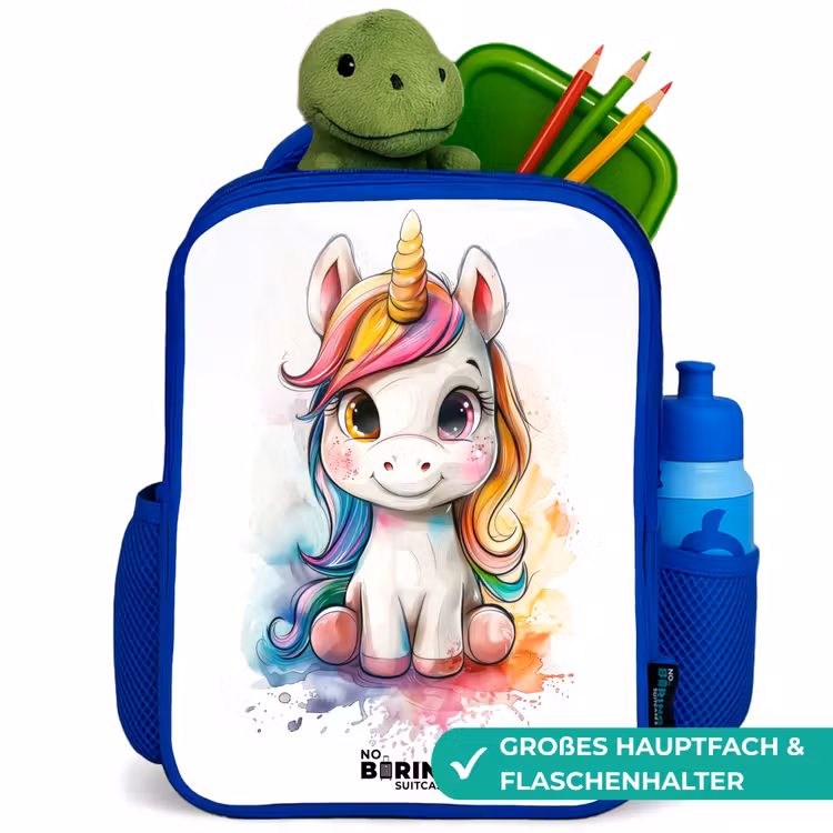 Kinderrucksack - Blau - Weißes Eemhorn mit bunter Mähne und Farbklecksen — 3