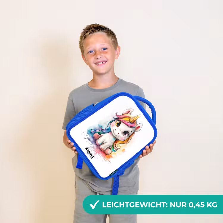 Kinderrucksack - Blau - Weißes Eemhorn mit bunter Mähne und Farbklecksen — 4