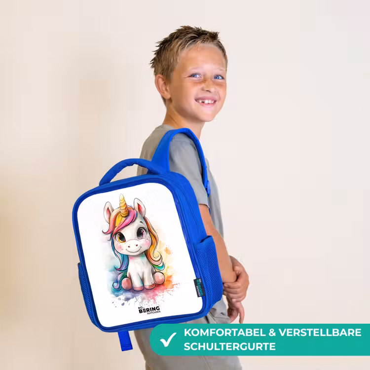 Kinderrucksack - Blau - Weißes Eemhorn mit bunter Mähne und Farbklecksen — 5