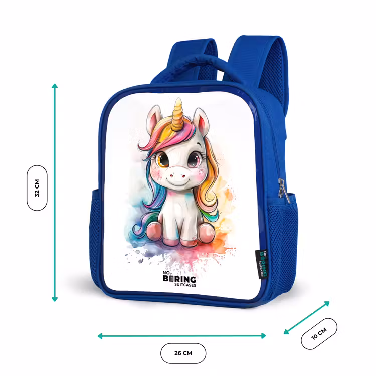 Kinderrucksack - Blau - Weißes Eemhorn mit bunter Mähne und Farbklecksen — 6