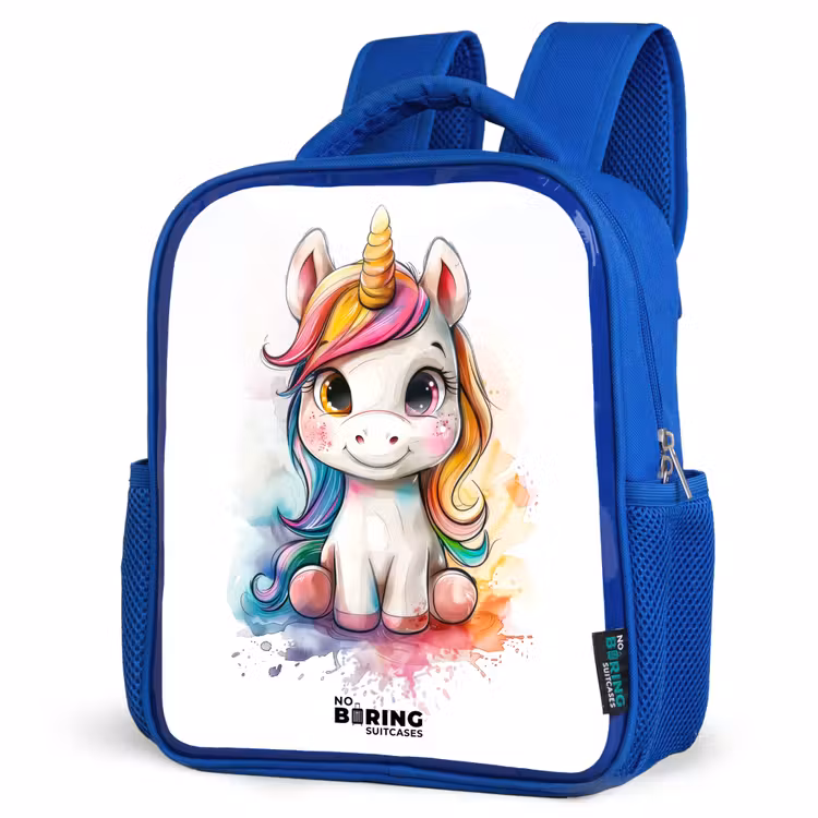 Kinderrucksack - Blau - Weißes Eemhorn mit bunter Mähne und Farbklecksen — 7