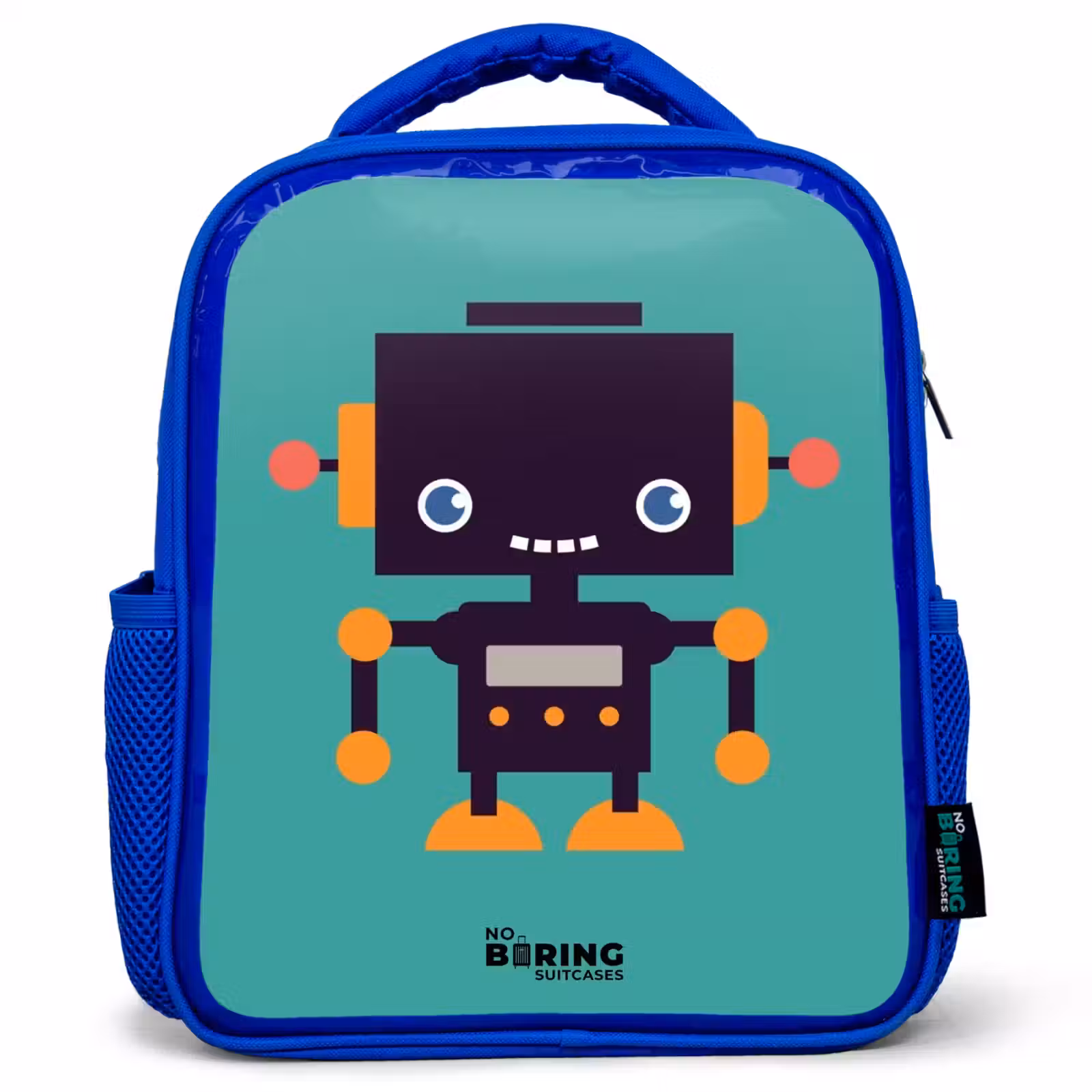 Kinderrucksack - Blau - Schwarzer Roboter mit orangefarbenen Akzenten auf blauem Hintergrund — 1