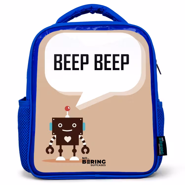 Kinderrucksack - Blau - Dunkelbrauner Roboter mit einem Text — 1