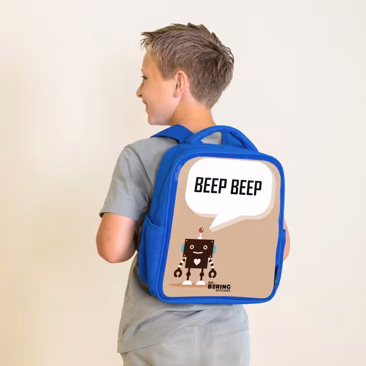 Kinderrucksack - Blau - Dunkelbrauner Roboter mit einem Text — 2