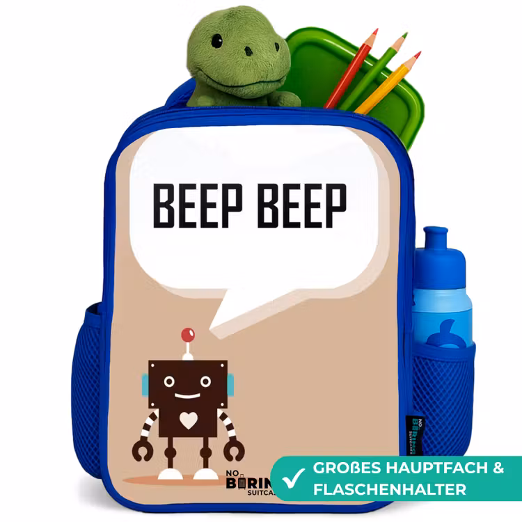 Kinderrucksack - Blau - Dunkelbrauner Roboter mit einem Text — 3