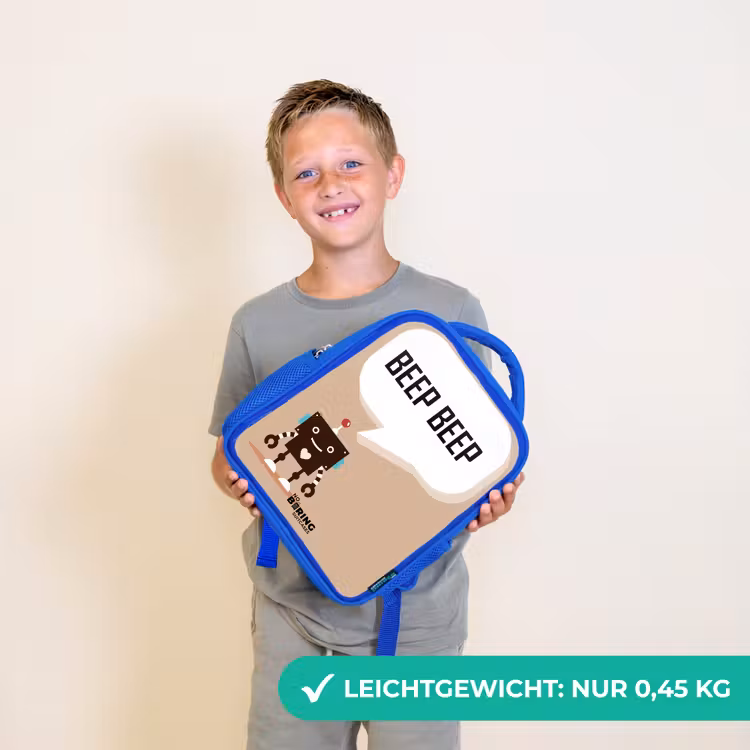 Kinderrucksack - Blau - Dunkelbrauner Roboter mit einem Text — 4