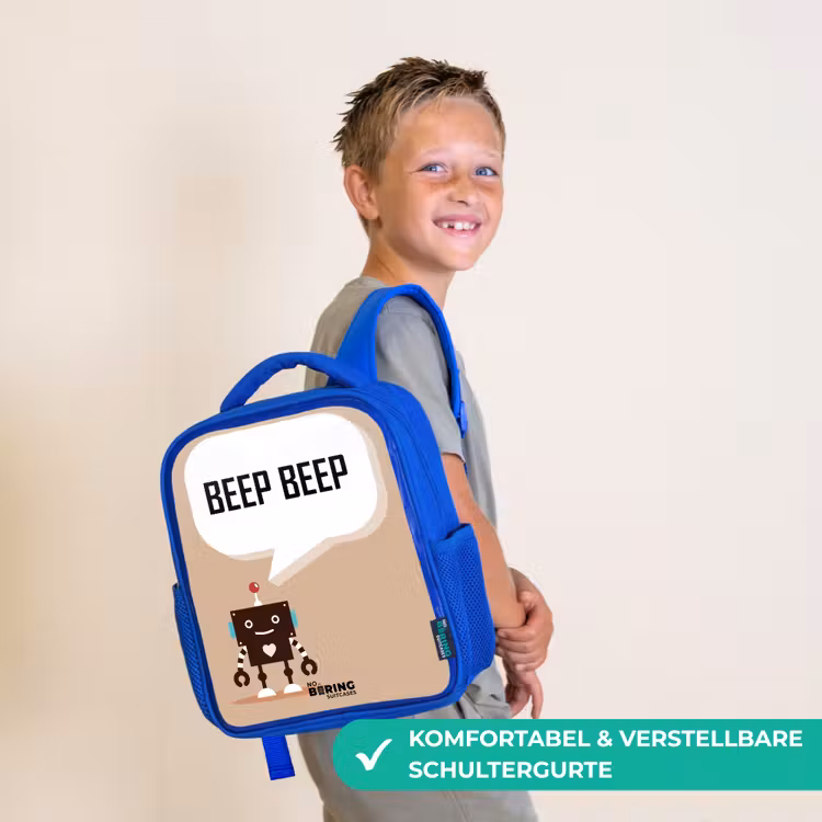 Kinderrucksack - Blau - Dunkelbrauner Roboter mit einem Text — 5