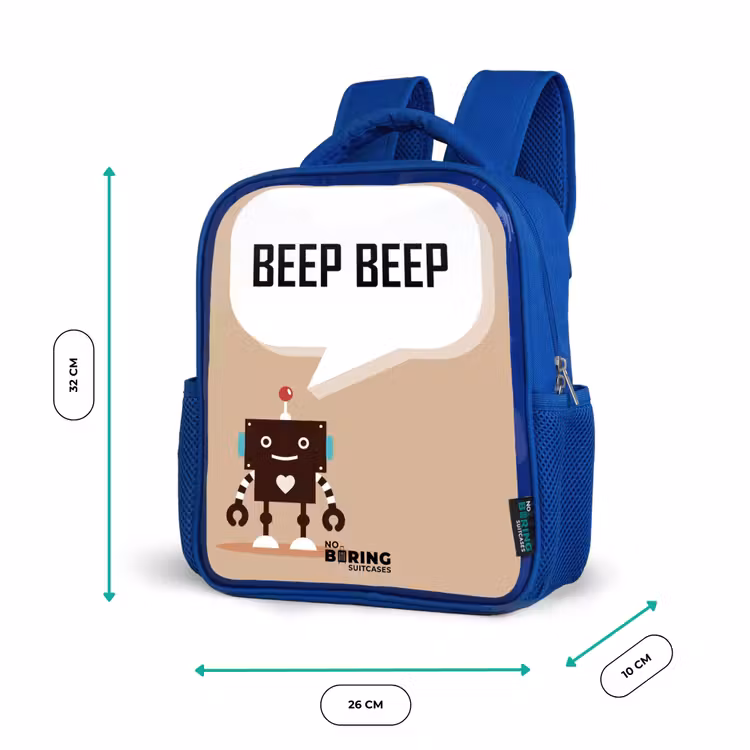 Kinderrucksack - Blau - Dunkelbrauner Roboter mit einem Text — 6