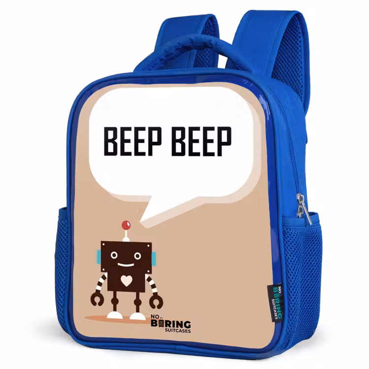 Kinderrucksack - Blau - Dunkelbrauner Roboter mit einem Text — 7