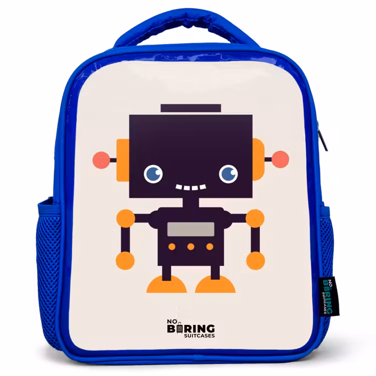Kinderrucksack - Blau - Schwarzer Roboter mit orangefarbenen Akzenten — 1