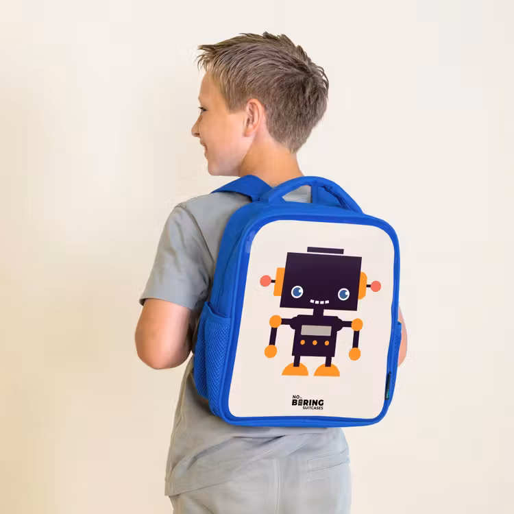 Kinderrucksack - Blau - Schwarzer Roboter mit orangefarbenen Akzenten — 2