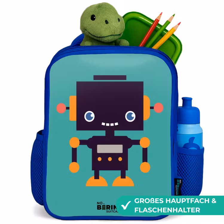 Kinderrucksack - Blau - Schwarzer Roboter mit orangefarbenen Akzenten auf blauem Hintergrund — 3