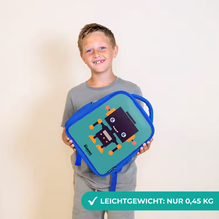 Kinderrucksack - Blau - Schwarzer Roboter mit orangefarbenen Akzenten auf blauem Hintergrund — 4