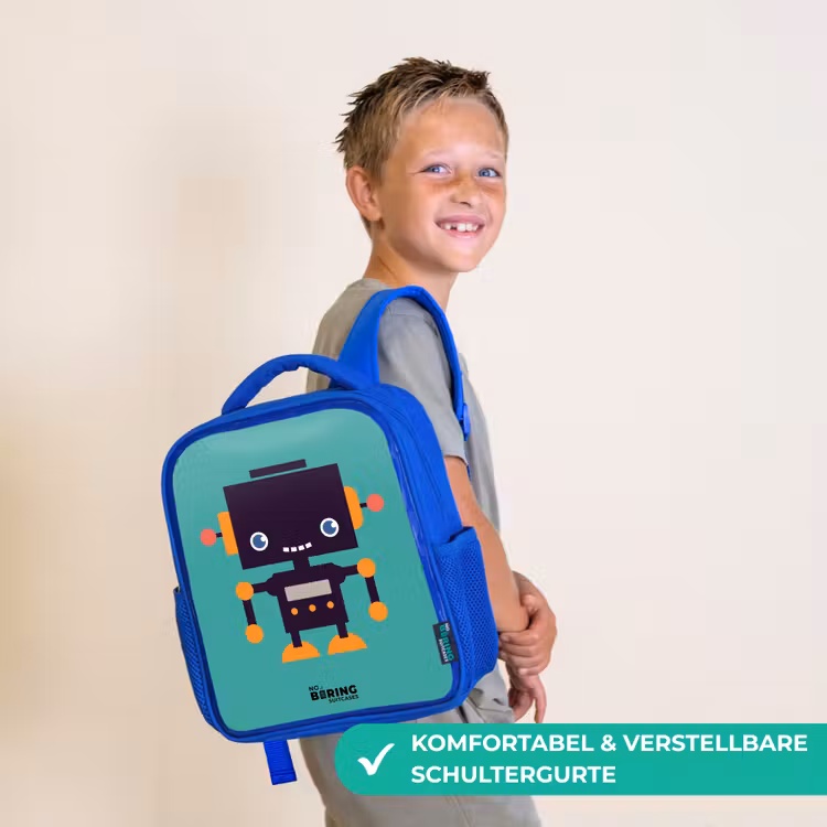 Kinderrucksack - Blau - Schwarzer Roboter mit orangefarbenen Akzenten auf blauem Hintergrund — 5