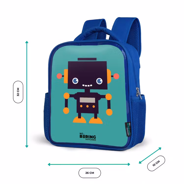 Kinderrucksack - Blau - Schwarzer Roboter mit orangefarbenen Akzenten auf blauem Hintergrund — 6
