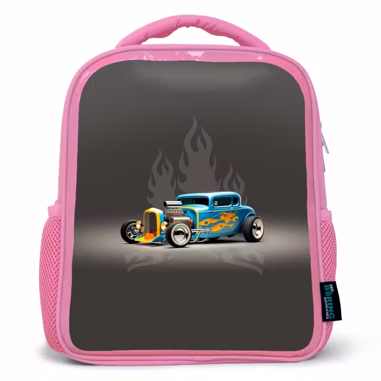 Kinderrucksack - Rosa - Blaues Auto mit grauen Flammen — 1