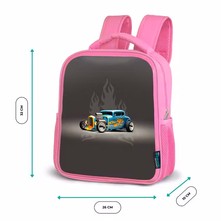 Kinderrucksack - Rosa - Blaues Auto mit grauen Flammen — 2