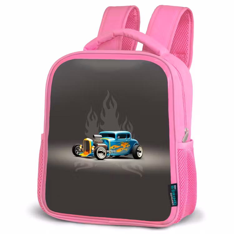 Kinderrucksack - Rosa - Blaues Auto mit grauen Flammen — 4