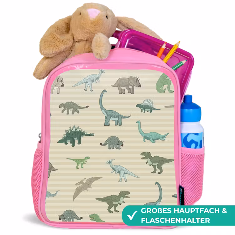Kinderrucksack - Rosa - Dino - Muster - Streifen - Grün — 3